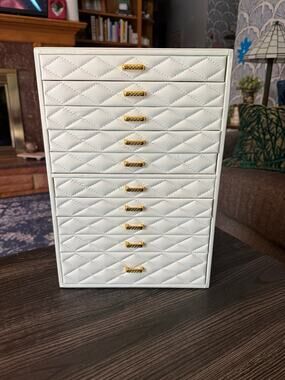 Extra Large 10-Layer Jewelry Storage Organizer Case, Faux Leather Beige